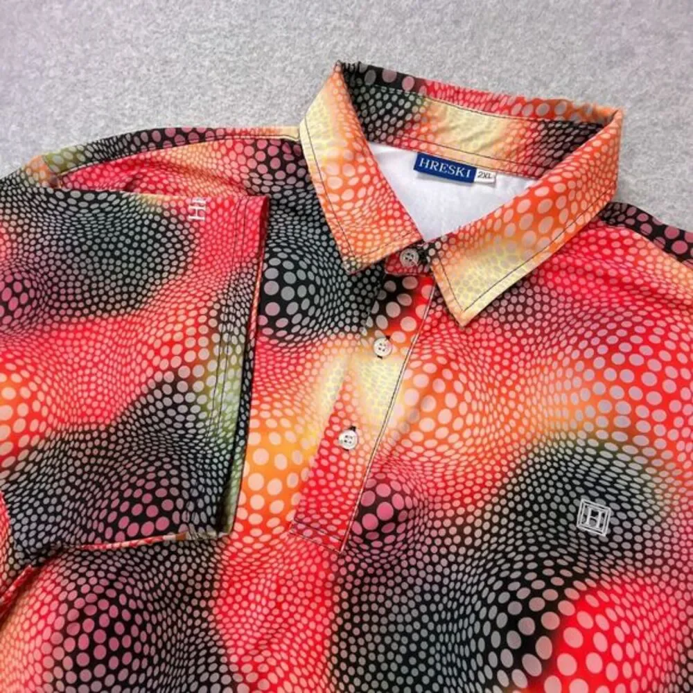 Hreski Performance Golf Polo‎ Shirt Mens 2XL Black Orange Pink Abstract Circles